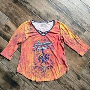Panhandle Slim Womens American Rodeo Filigree Rhinestone 3/4 Sleeve Top,Orange,M